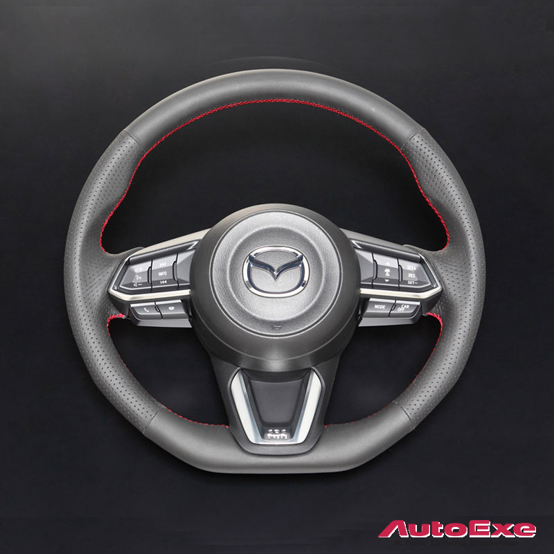 日本AUTOEXE MAZDA(萬事得,馬自達,長安馬自達) Mazda CX-5(CX5,SkyActiv,創馳藍天,SkyActiv-Diesel,KF,KF2P, KF5P, KFEP) 汽車動力升級改裝零件 D-Shaped Leather Steering Wheel with red stitching D型平底絨皮呔盤(方向盤)帶紅色縫線 MBB1370-03